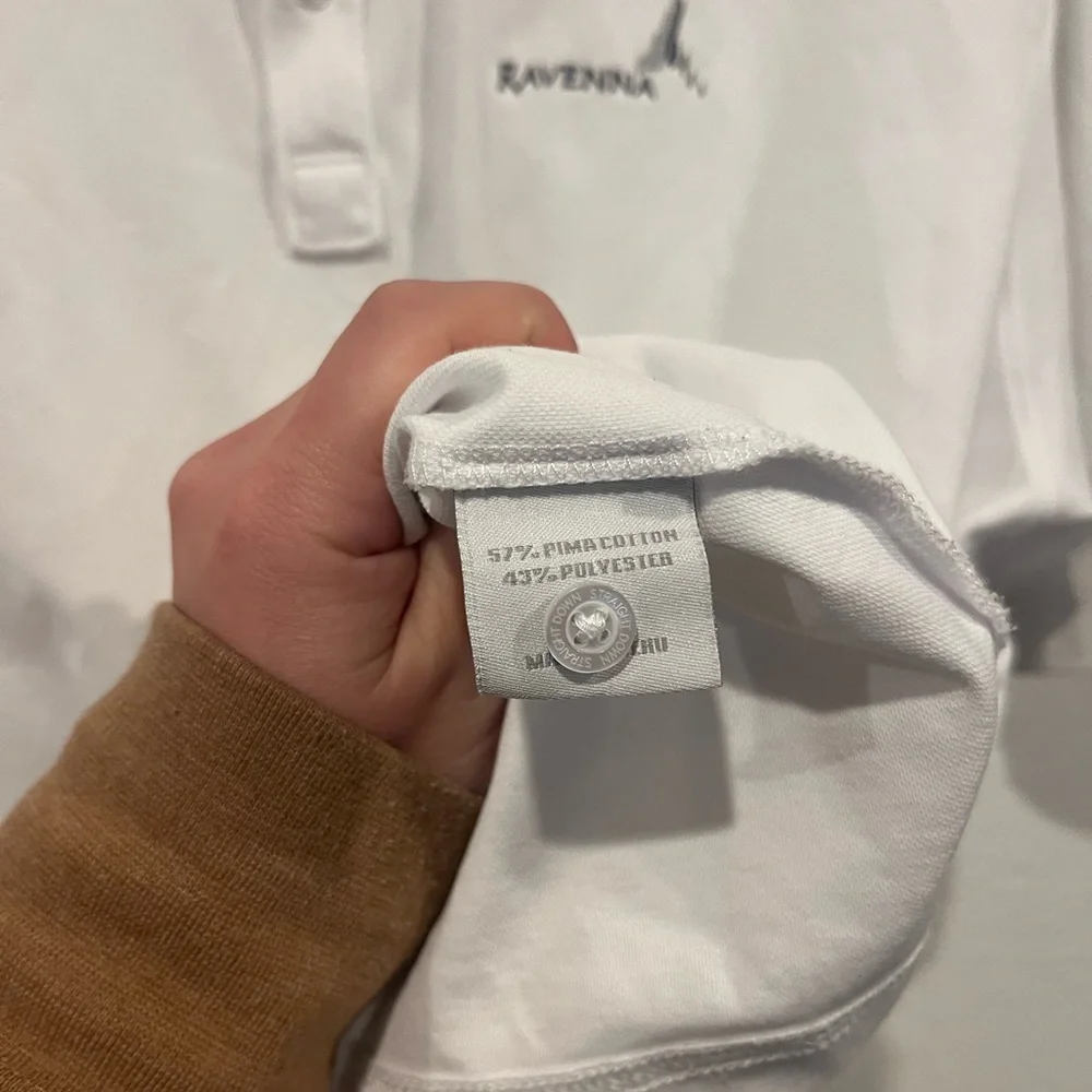Straight Down Polo Shirt Mens XL White Ravenna Logo Golf Performance Polo EUC‎
